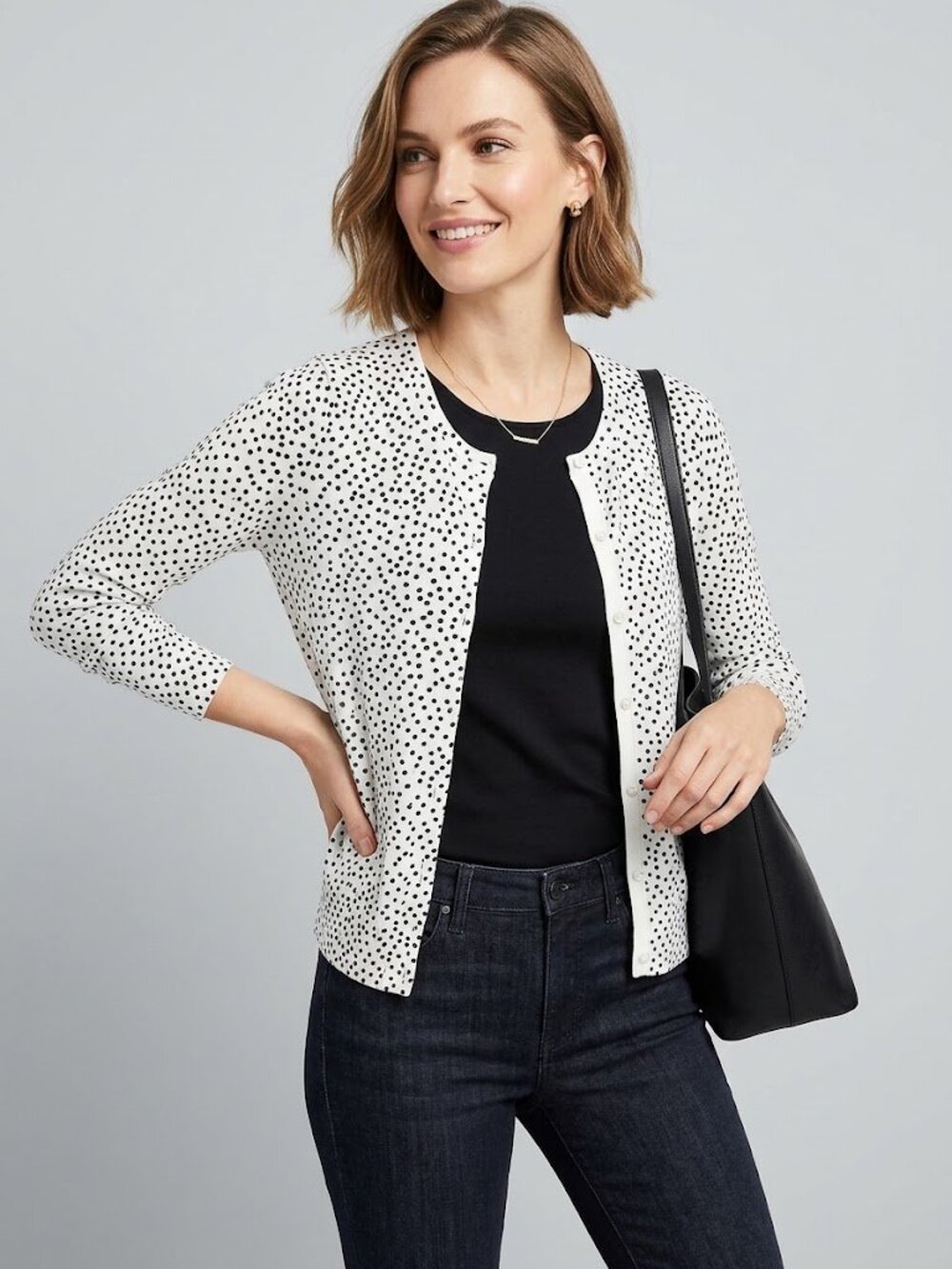Ann Taylor Polka Dot Knit Cardigan with Faux Pearl Buttons in White and Black